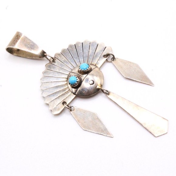 Vintage Sterling Silver Figural Sun Face Navajo Turquoise 3" Long Pendant - Picture 3 of 4